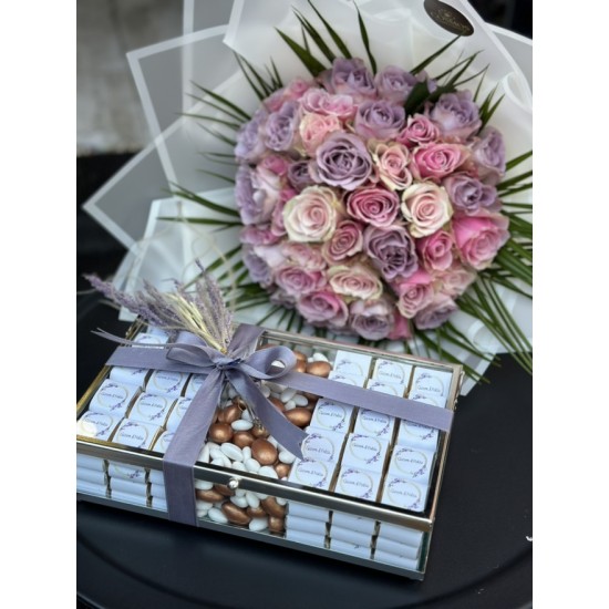 PEMBE LİLA 41 GÜL VE ÇİKOLATA SETİ